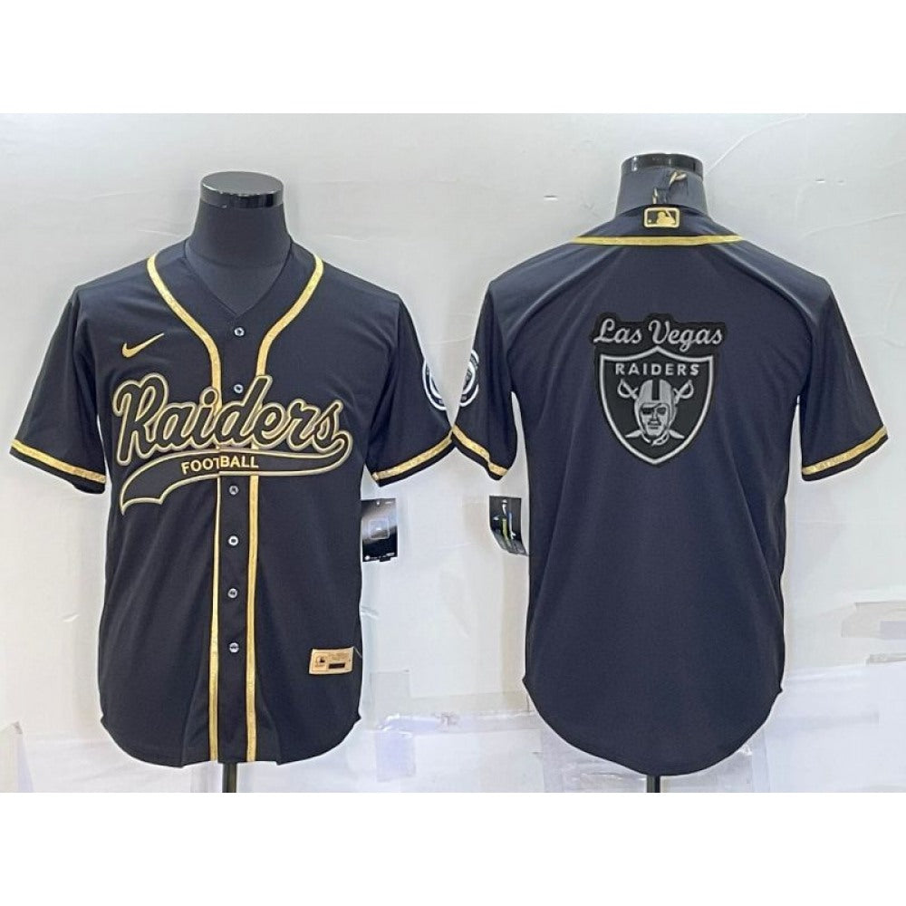 Men's Las Vegas Raiders Black Gold Team Big Logo With Patch Cool Base Stitched Baseball Jersey 
