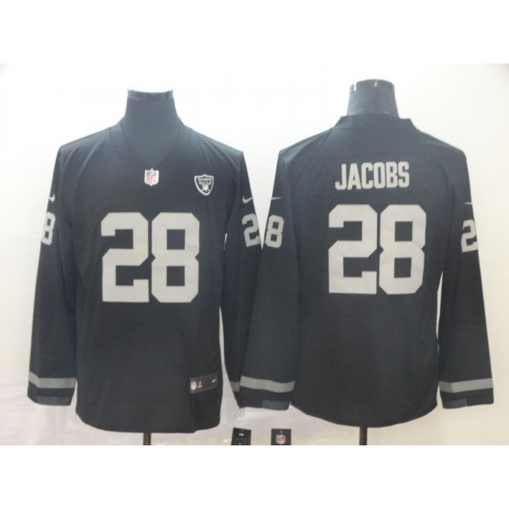 Men's Oakland Raiders #28 Josh Jacobs Black Therma Long Sleeve Stitched NFL Jersey 