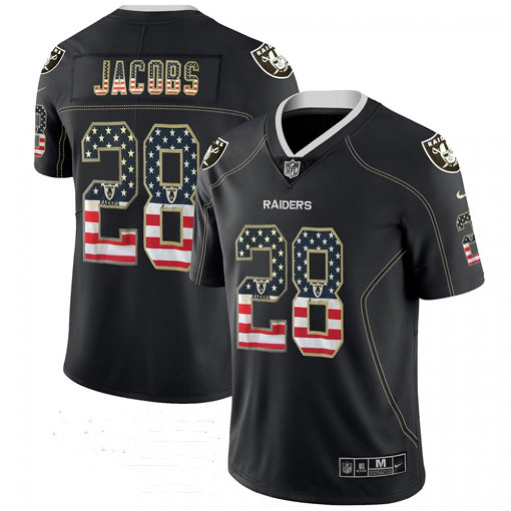Men's Oakland Raiders #28 Josh Jacobs Black USA Flag Fashion Fashion Color Rush NFL Jersey 