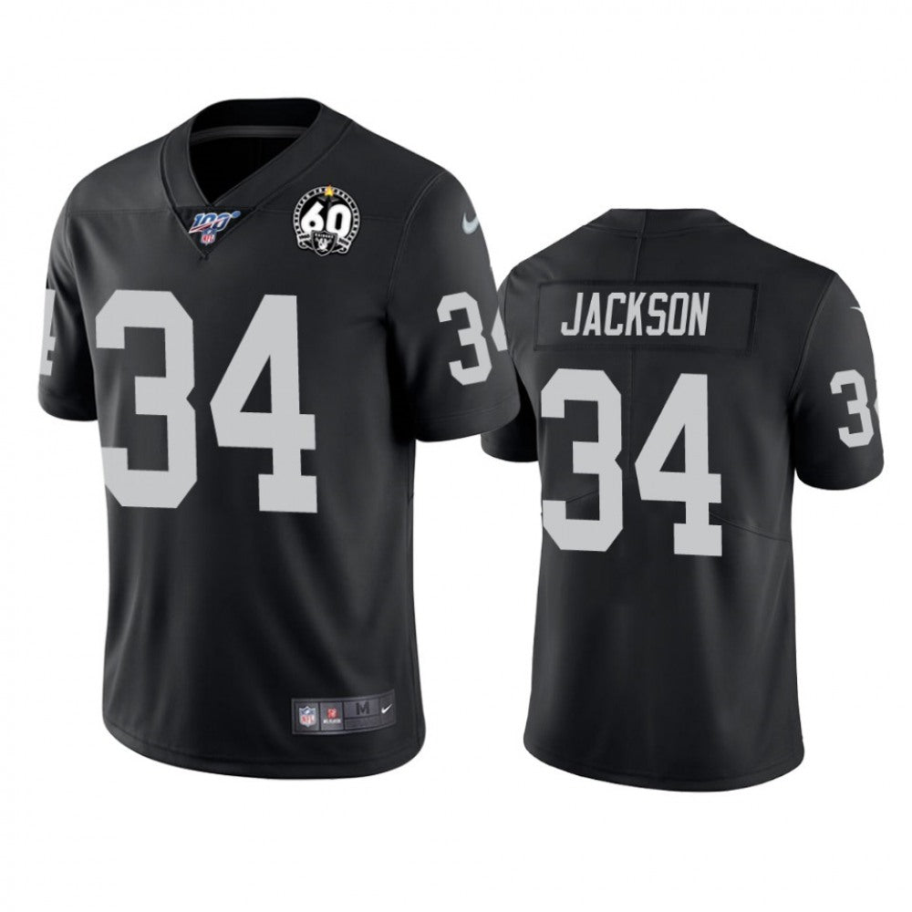 Men's Oakland Raiders #34 Bo Jackson Black 100th Season With 60 Patch Vapor Stitched NFL Jersey 