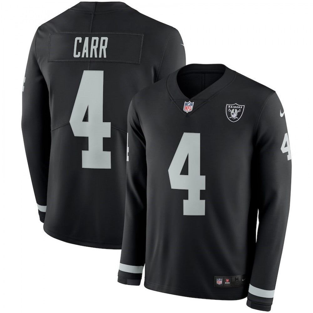 Men's Oakland Raiders #4 Derek Carr Black Therma Long Sleeve Stitched NFL Jersey 