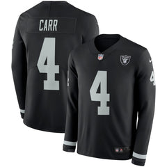 Men's Oakland Raiders #4 Derek Carr Black Therma Long Sleeve Stitched NFL Jersey 