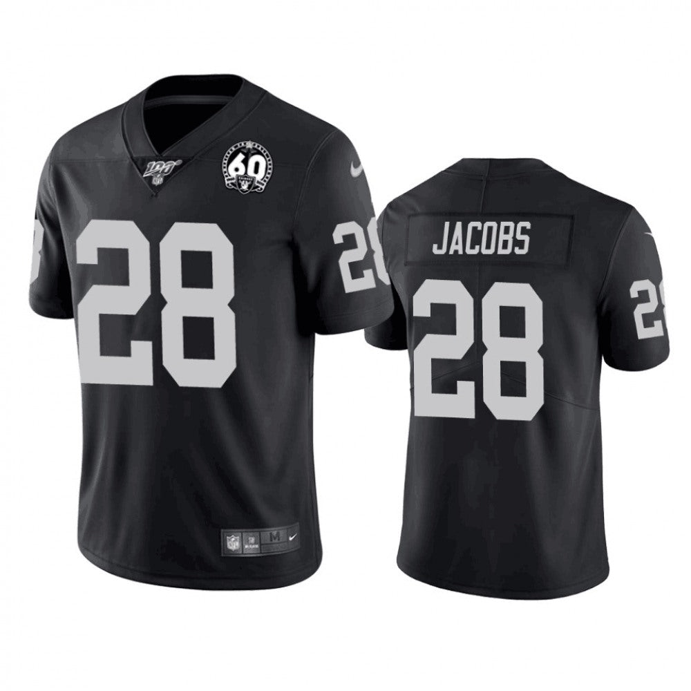 Men's Oakland Raiders #28 Josh Jacobs Black 100th Season with 60 Patch Vapor Limited Stitched NFL Jersey 