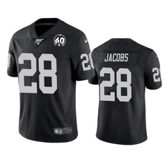 Men's Oakland Raiders #28 Josh Jacobs Black 100th Season with 60 Patch Vapor Limited Stitched NFL Jersey 