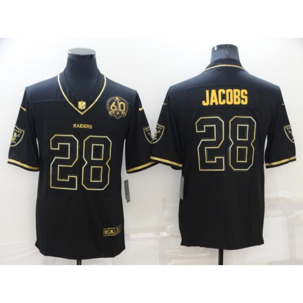 Men's Las Vegas Raiders #28 Josh Jacobs Black/Gold With 60th Anniversary Patch Vapor Limited Stitched Jersey 