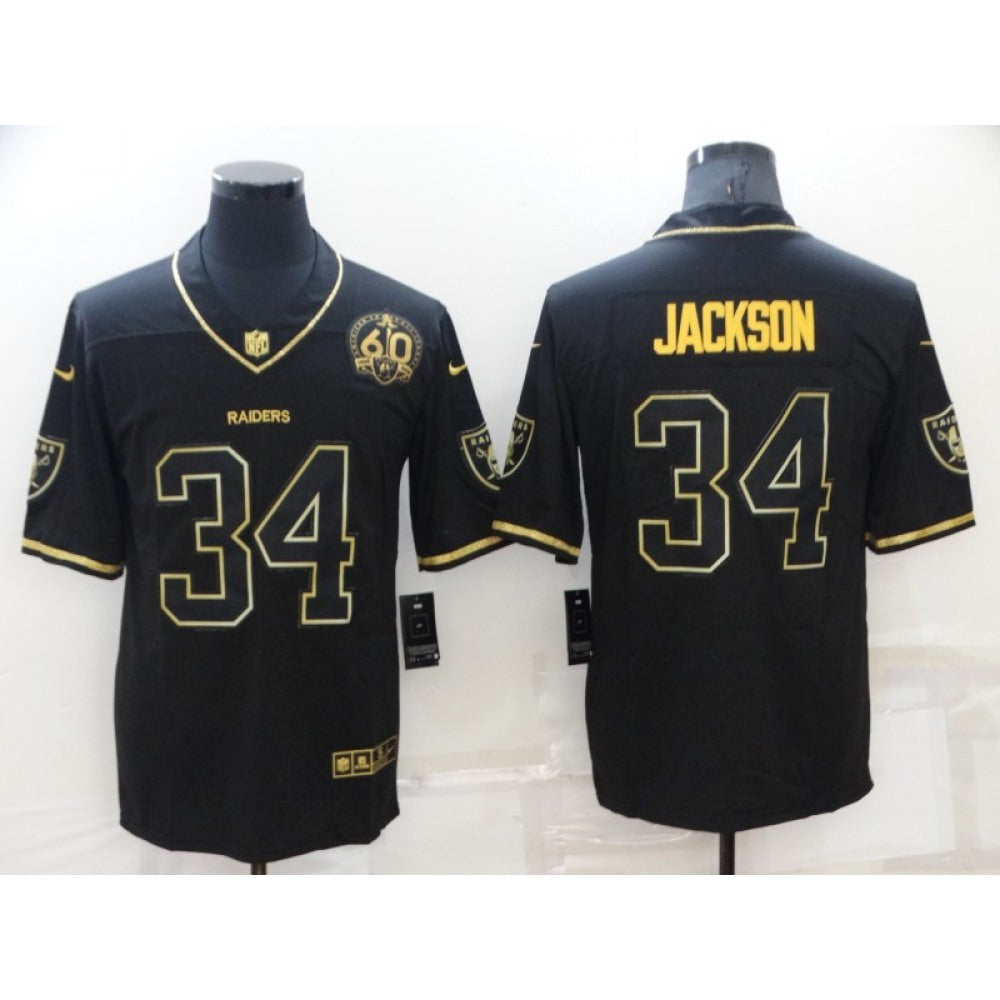 Men's Las Vegas Raiders #34 Bo Jackson Black/Gold With 60th Anniversary Patch Vapor Limited Stitched Jersey 
