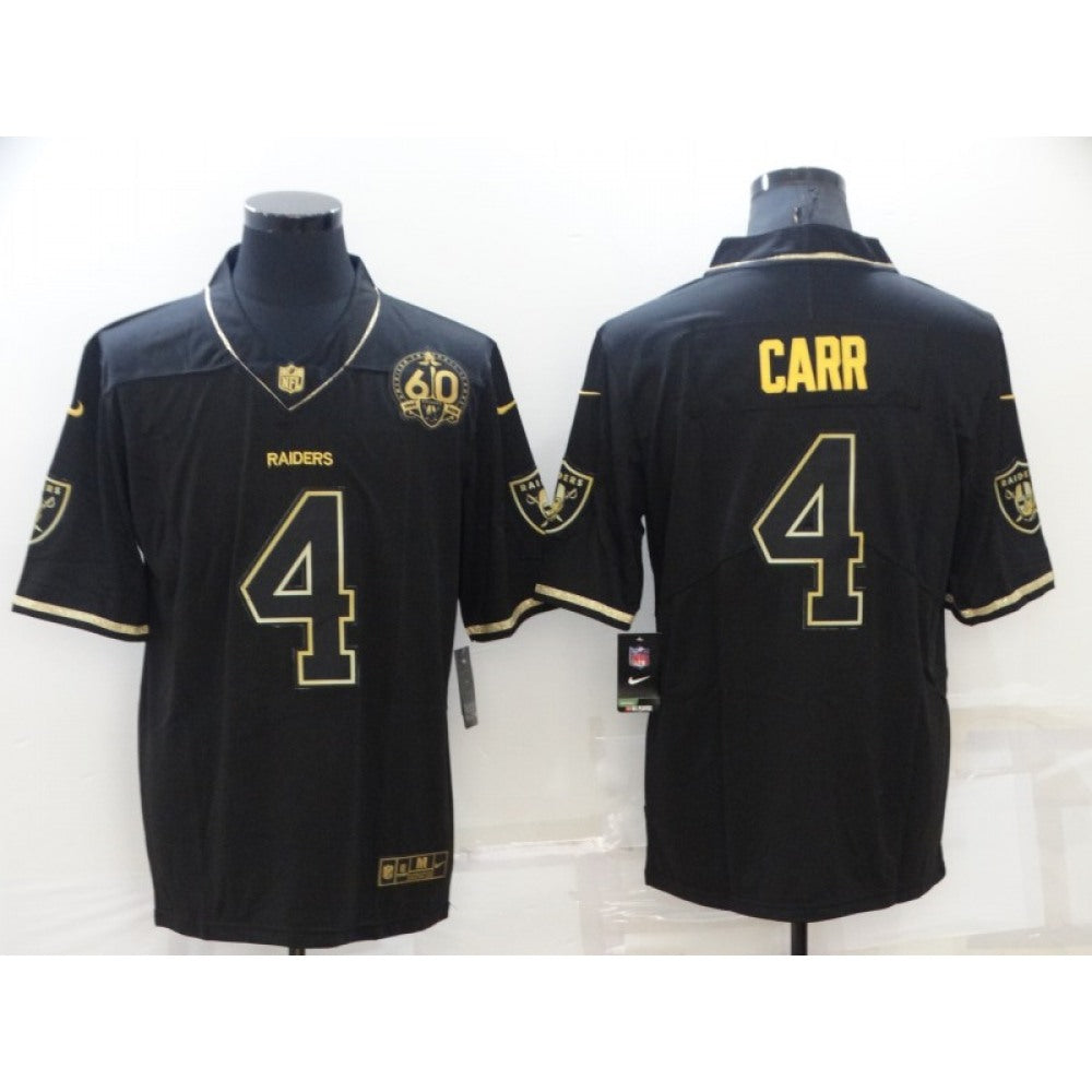 Men's Las Vegas Raiders #4 Derek Carr Black/Gold With 60th Anniversary Patch Vapor Limited Stitched Jersey 