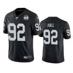 Men's Oakland Raiders #92 P.J. Hall Black 100th Season with 60 Patch Vapor Limited Stitched NFL Jersey 