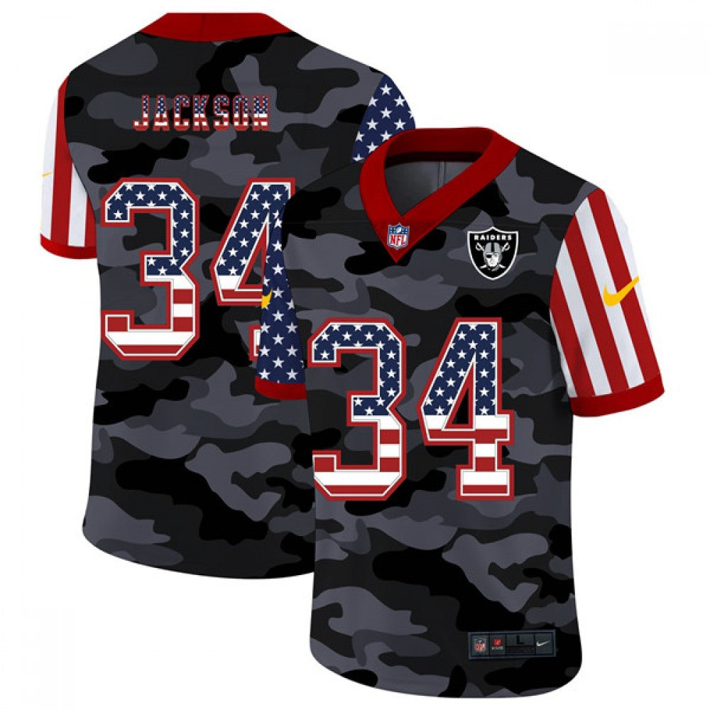 Men's Las Vegas Raiders #34 Bo Jackson Camo USA Flag Limited Stitched Jersey 