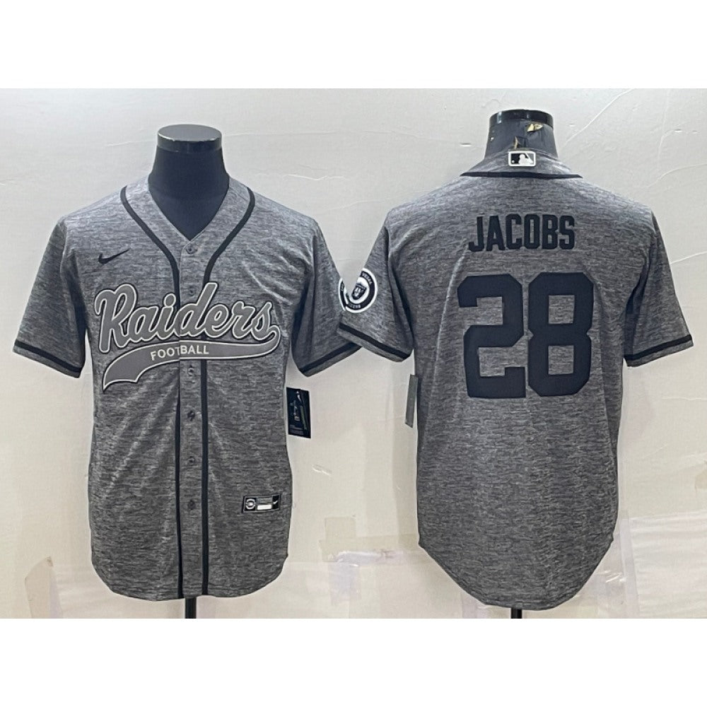 Men's Las Vegas Raiders #28 Josh Jacobs Grey With Patch Cool Base Stitched Baseball Jersey 