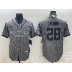 Men's Las Vegas Raiders #28 Josh Jacobs Grey With Patch Cool Base Stitched Baseball Jersey 