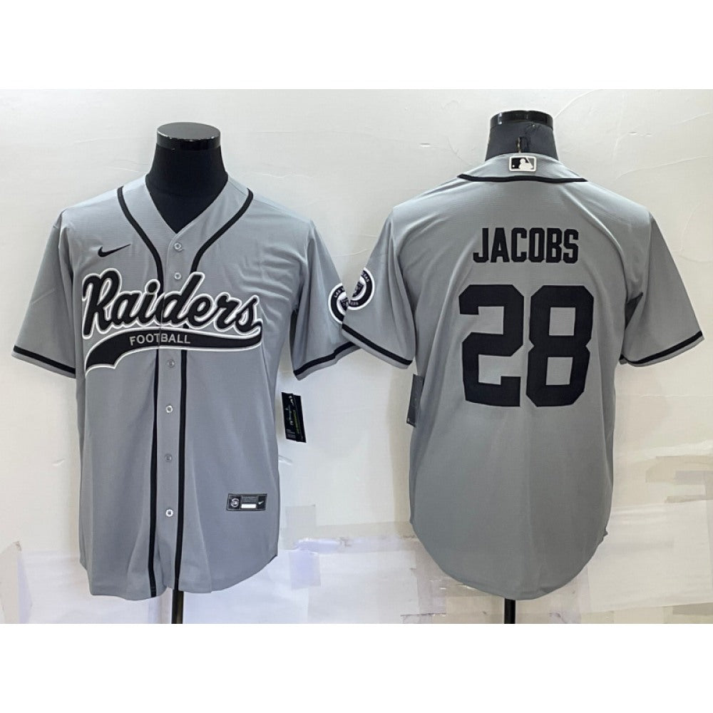 Men's Las Vegas Raiders #28 Josh Jacobs Grey Cool Base Stitched Baseball Jersey 