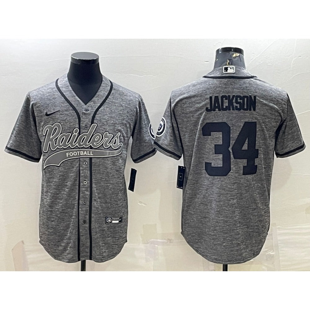Men's Las Vegas Raiders #34 Bo Jackson Grey With Patch Cool Base Stitched Baseball Jersey 