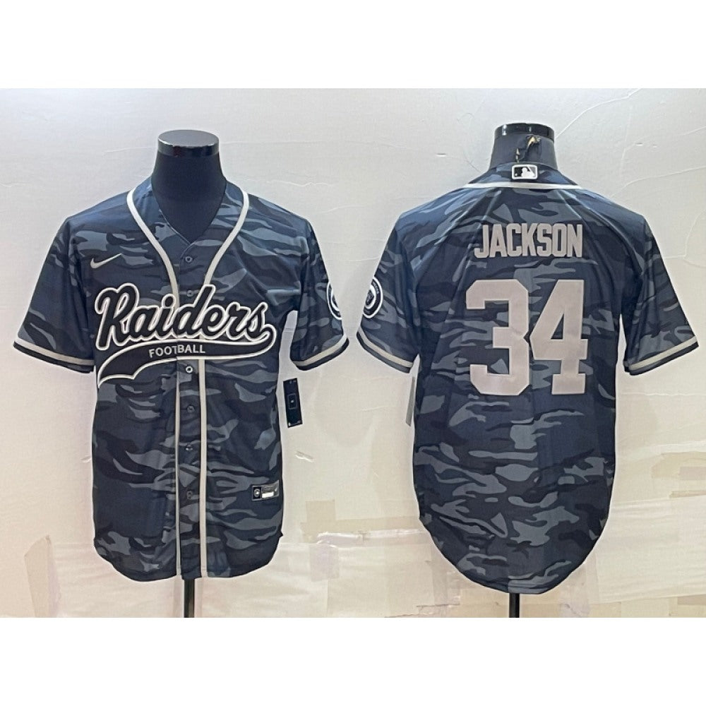 Men's Las Vegas Raiders #34 Bo Jackson Grey Camo With Patch Cool Base Stitched Baseball Jersey 