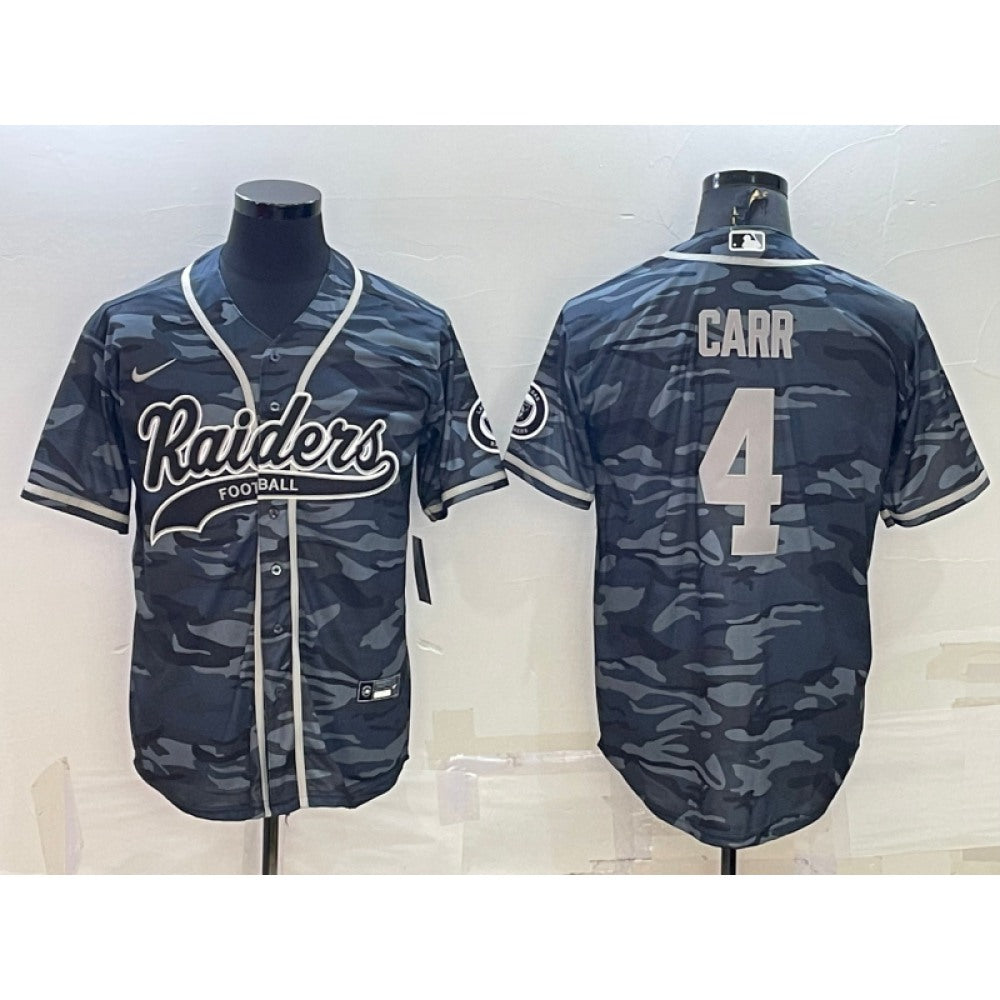 Men's Las Vegas Raiders #4 Derek Carr Grey Camo With Patch Cool Base Stitched Baseball Jersey 
