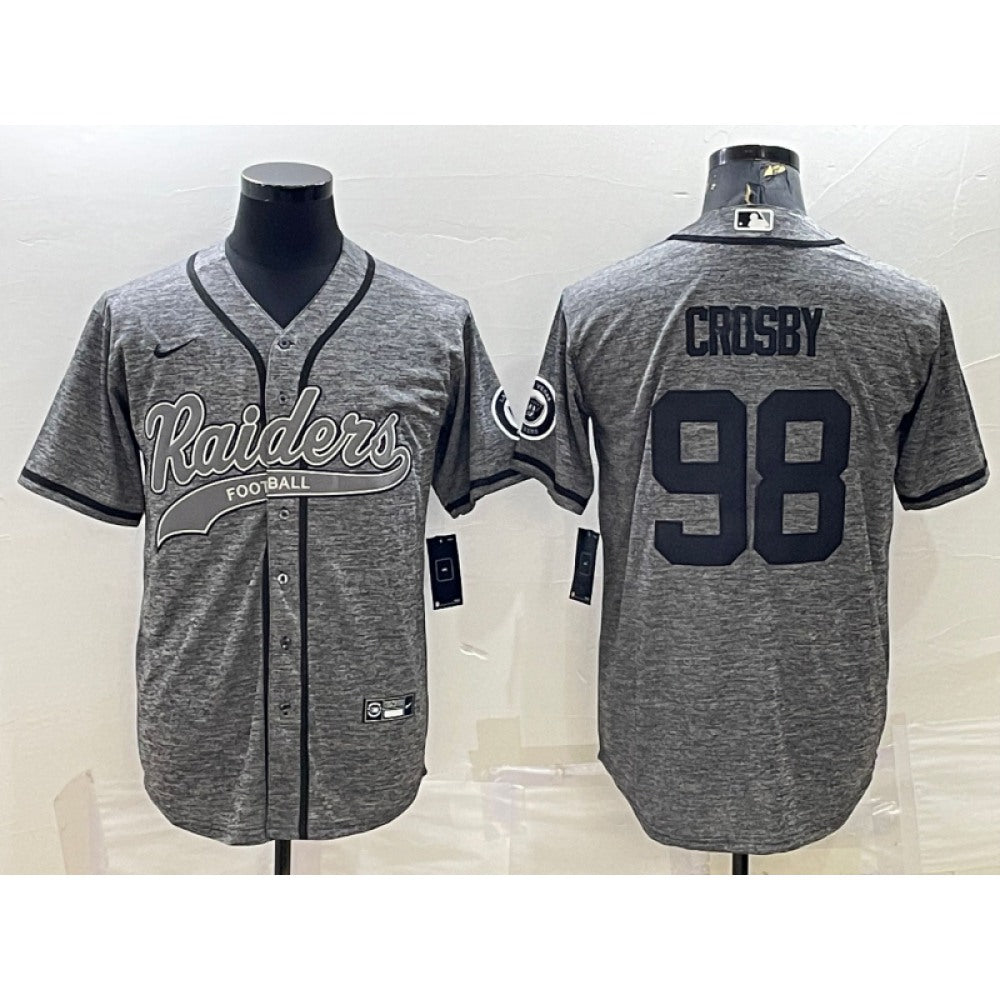 Men's Las Vegas Raiders #98 Maxx Crosby Grey With Patch Cool Base Stitched Baseball Jersey 