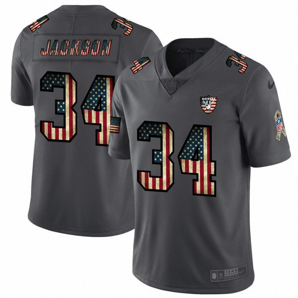 Men's Oakland Raiders #34 Bo Jackson Grey 2019 Salute To Service USA Flag Fashion Limited Stitched NFL Jersey 