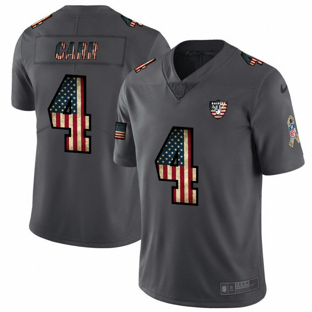 Men's Oakland Raiders #4 Derek Carr Grey 2019 Salute To Service USA Flag Fashion Limited Stitched NFL Jersey 