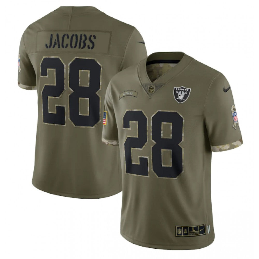 Men's Las Vegas Raiders #28 Josh Jacobs Olive 2022 Salute To Service Limited Stitched Jersey 