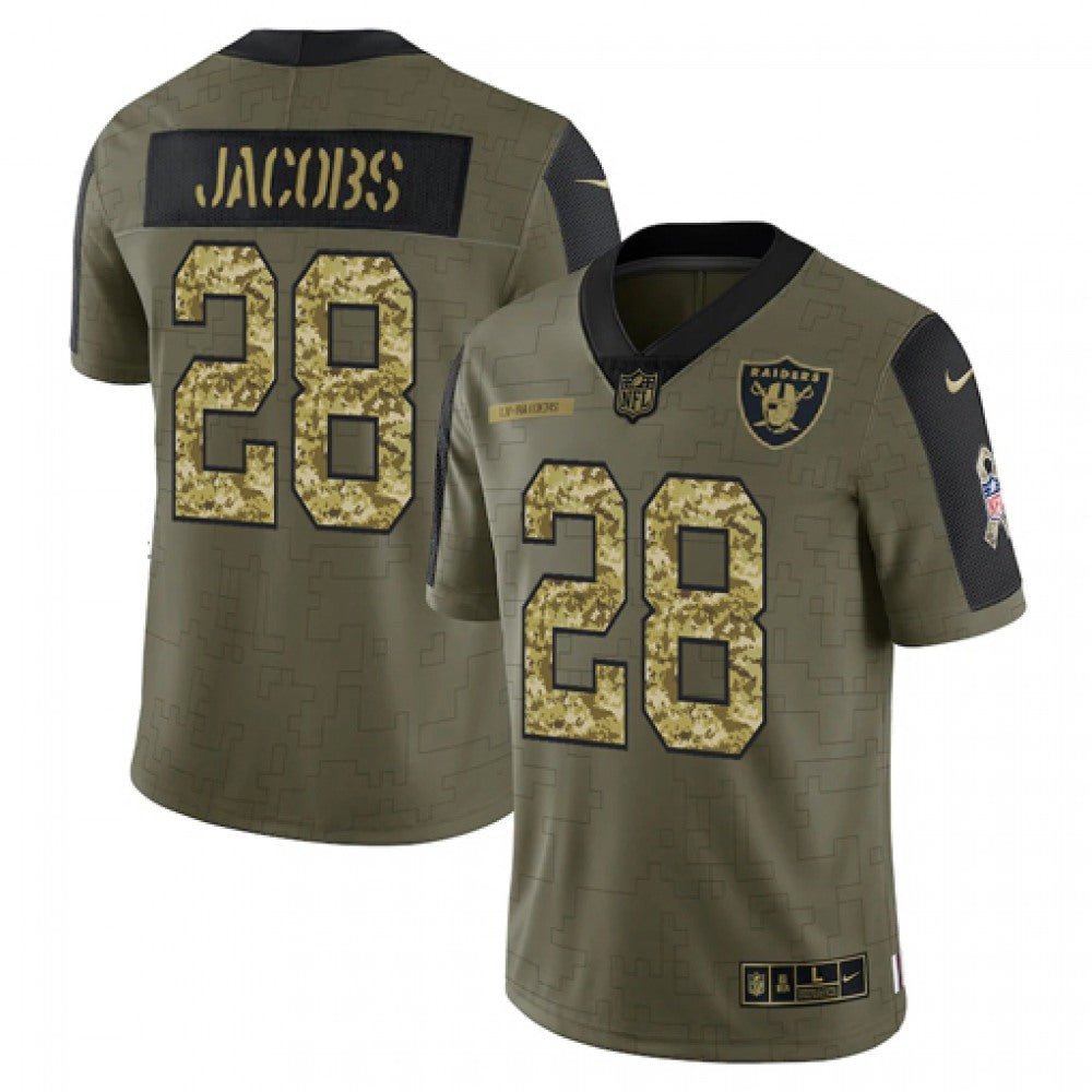 Men's Las Vegas Raiders #28 Josh Jacobs 2021 Olive Camo Salute To Service Limited Stitched Jersey 