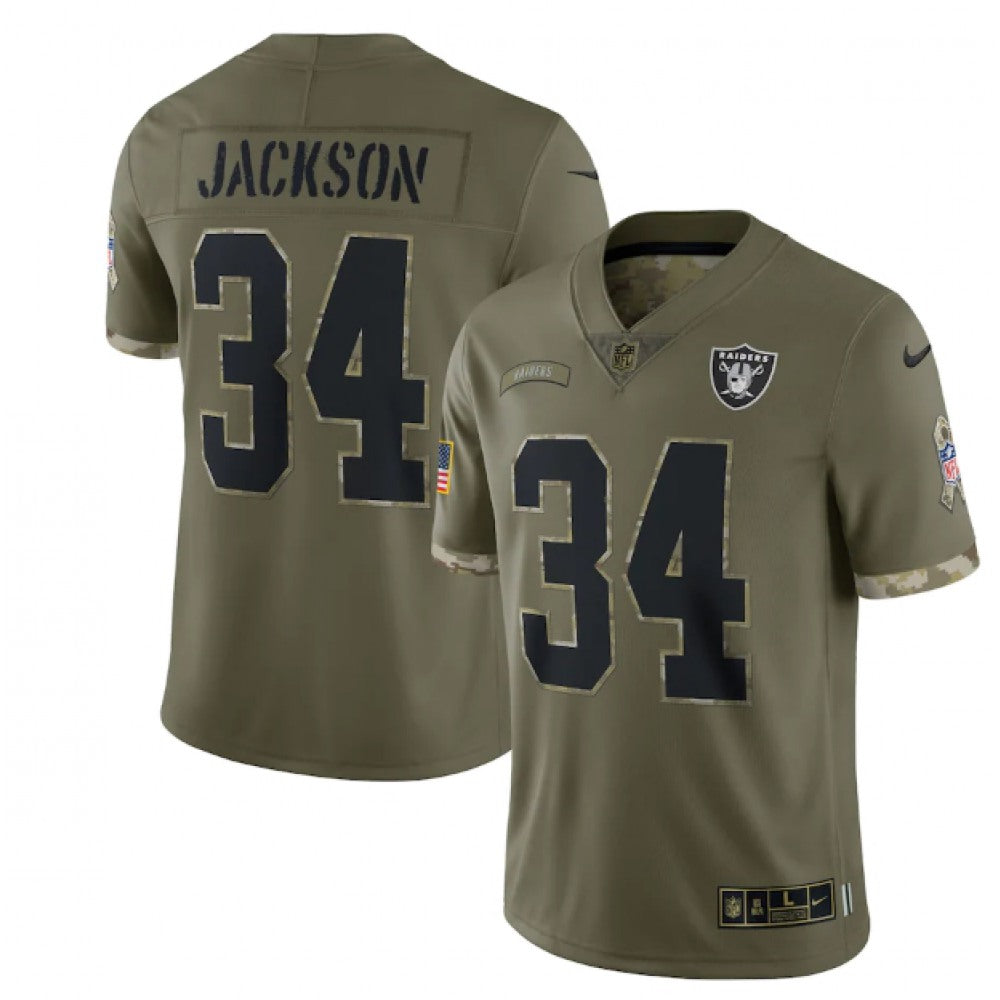 Men's Las Vegas Raiders #34 Bo Jackson Olive 2022 Salute To Service Limited Stitched Jersey 