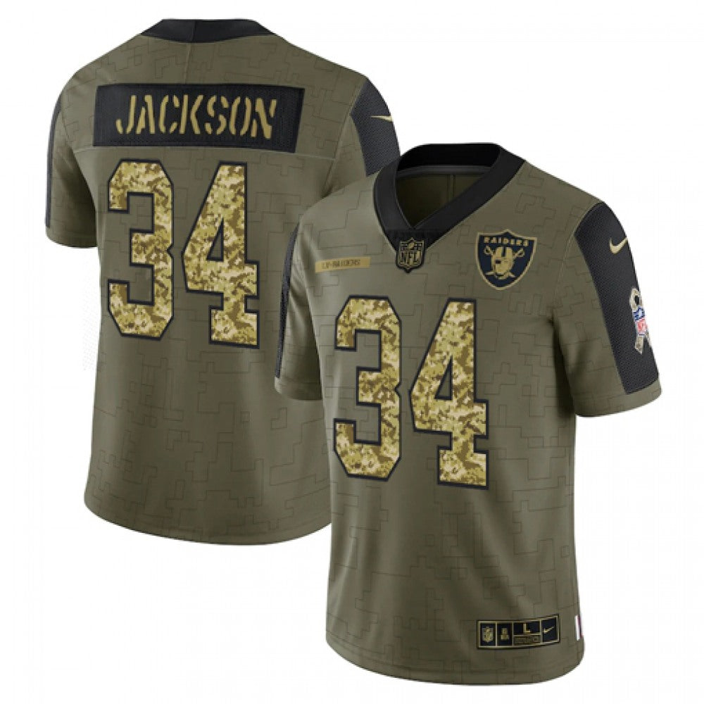 Men's Las Vegas Raiders #34 Bo Jackson 2021 Olive Camo Salute To Service Limited Stitched Jersey 