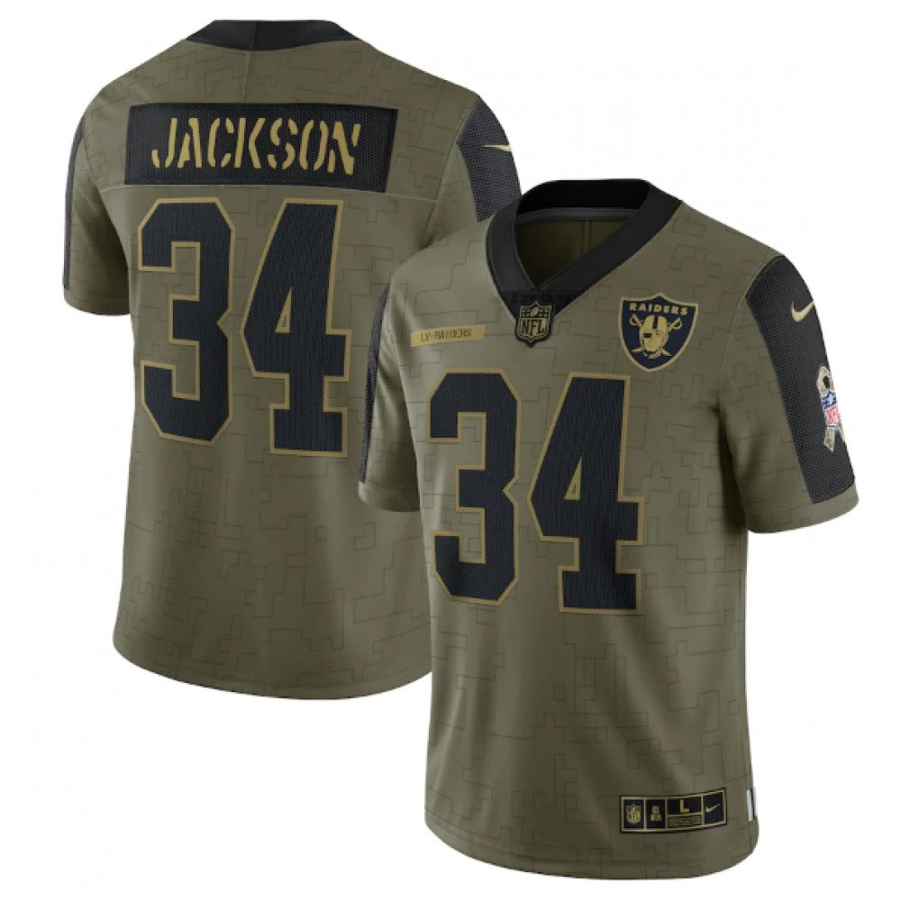 Men's Las Vegas Raiders #34 Bo Jackson 2021 Olive Salute To Service Limited Stitched Jersey 