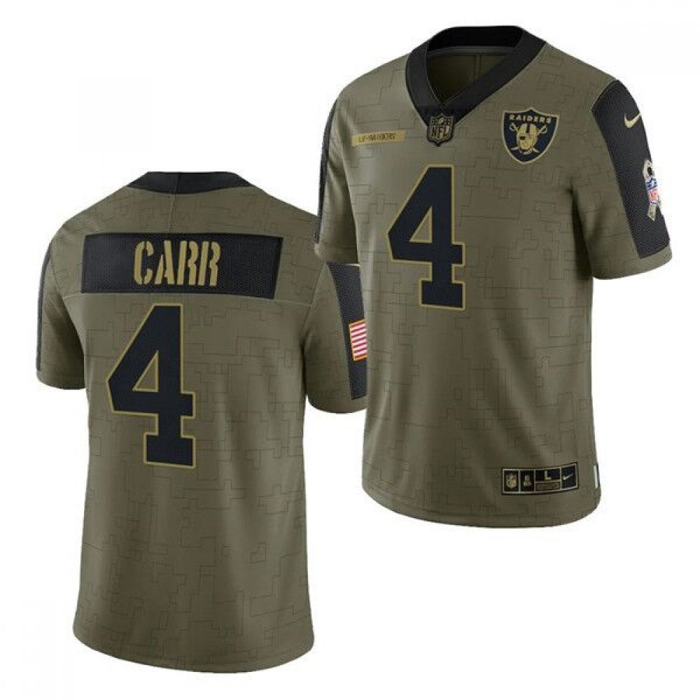 Men's Las Vegas Raiders #4 Derek Carr 2021 Olive Salute To Service Limited Stitched Jersey 