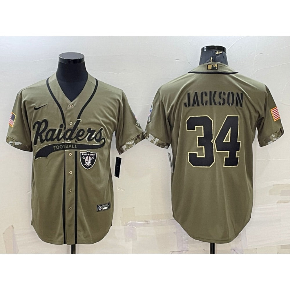 Men's Las Vegas Raiders #34 Bo Jackson 2022 Olive Salute to Service Cool Base Stitched Baseball Jersey 
