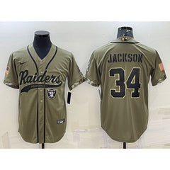 Men's Las Vegas Raiders #34 Bo Jackson 2022 Olive Salute to Service Cool Base Stitched Baseball Jersey 