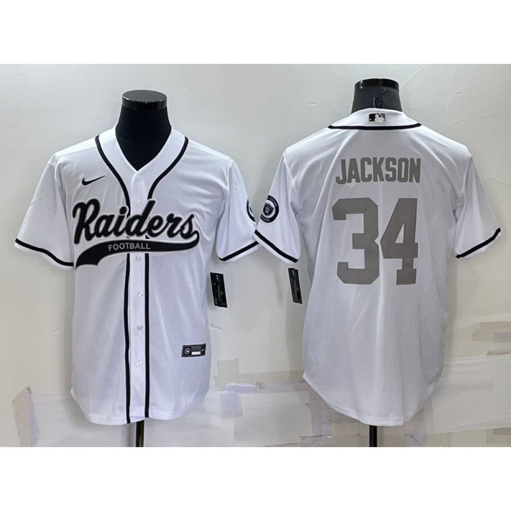 Men's Las Vegas Raiders #34 Bo Jackson White Grey Cool Base Stitched Baseball Jersey 
