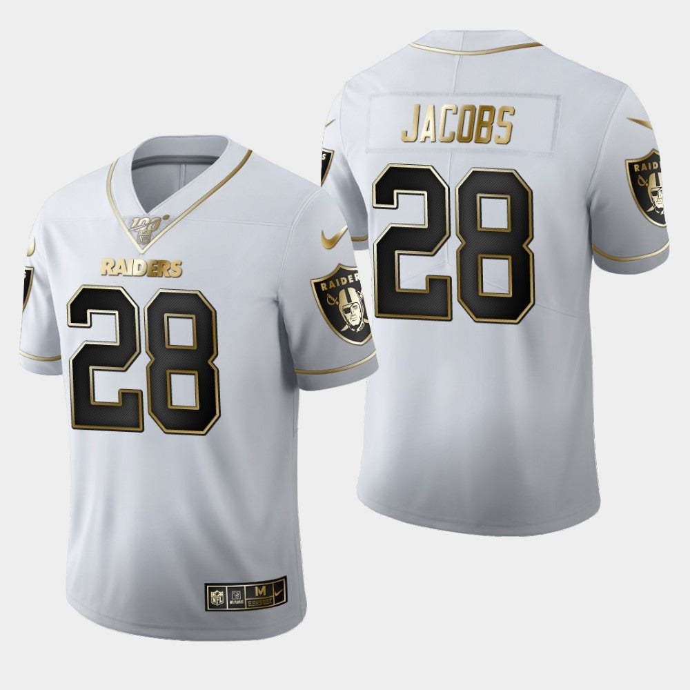 Men's Oakland Raiders #28 Josh Jacobs White 2019 100th Season Golden Edition Limited Stitched NFL Jersey 
