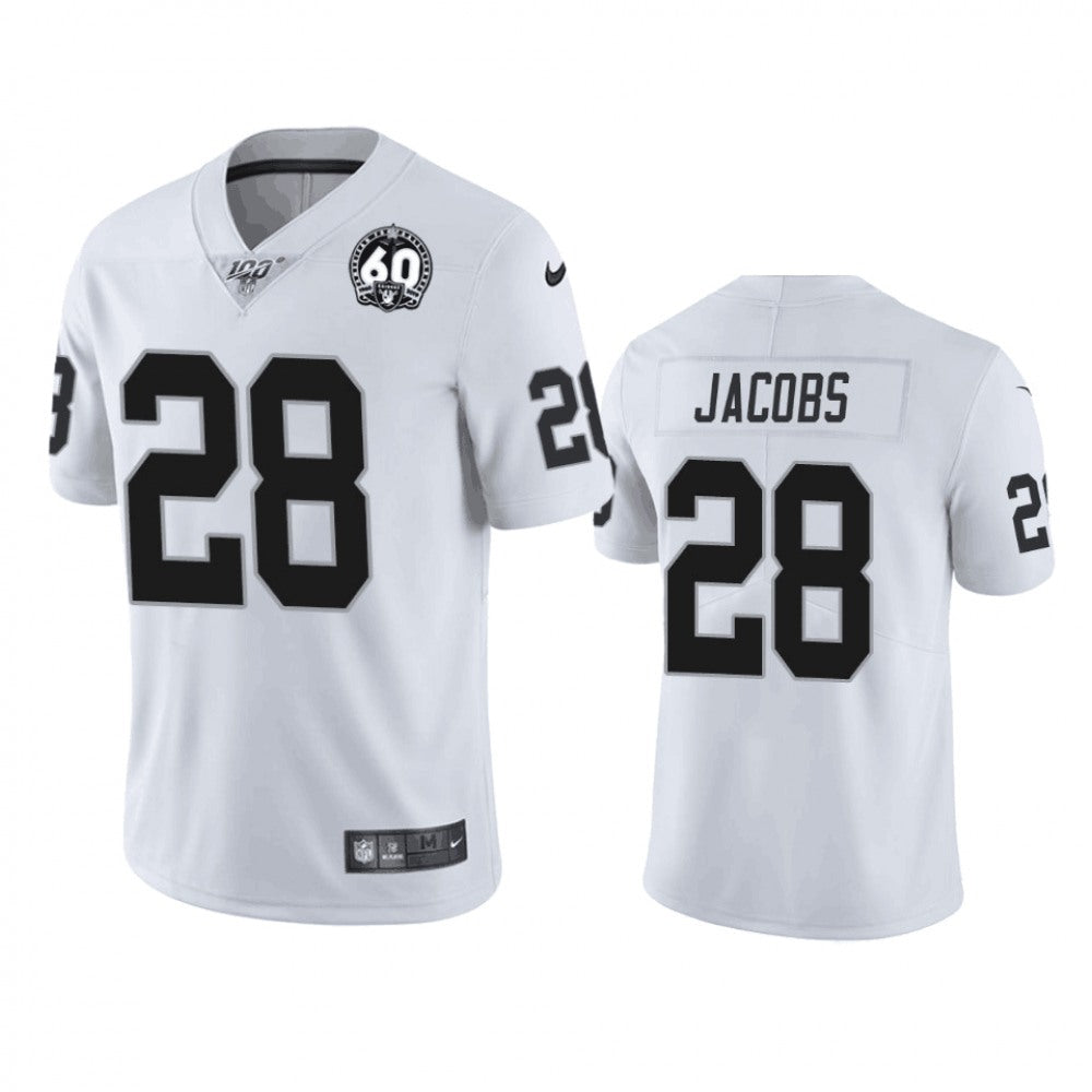 Men's Oakland Raiders #28 Josh Jacobs White 100th Season With 60 Patch Vaper Limited Stitched NFL Jersey 