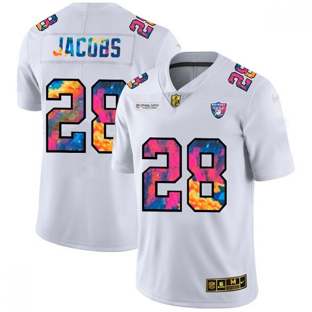 Men's Las Vegas Raiders #28 Josh Jacobs 2020 White Crucial Catch Limited Stitched Jersey 