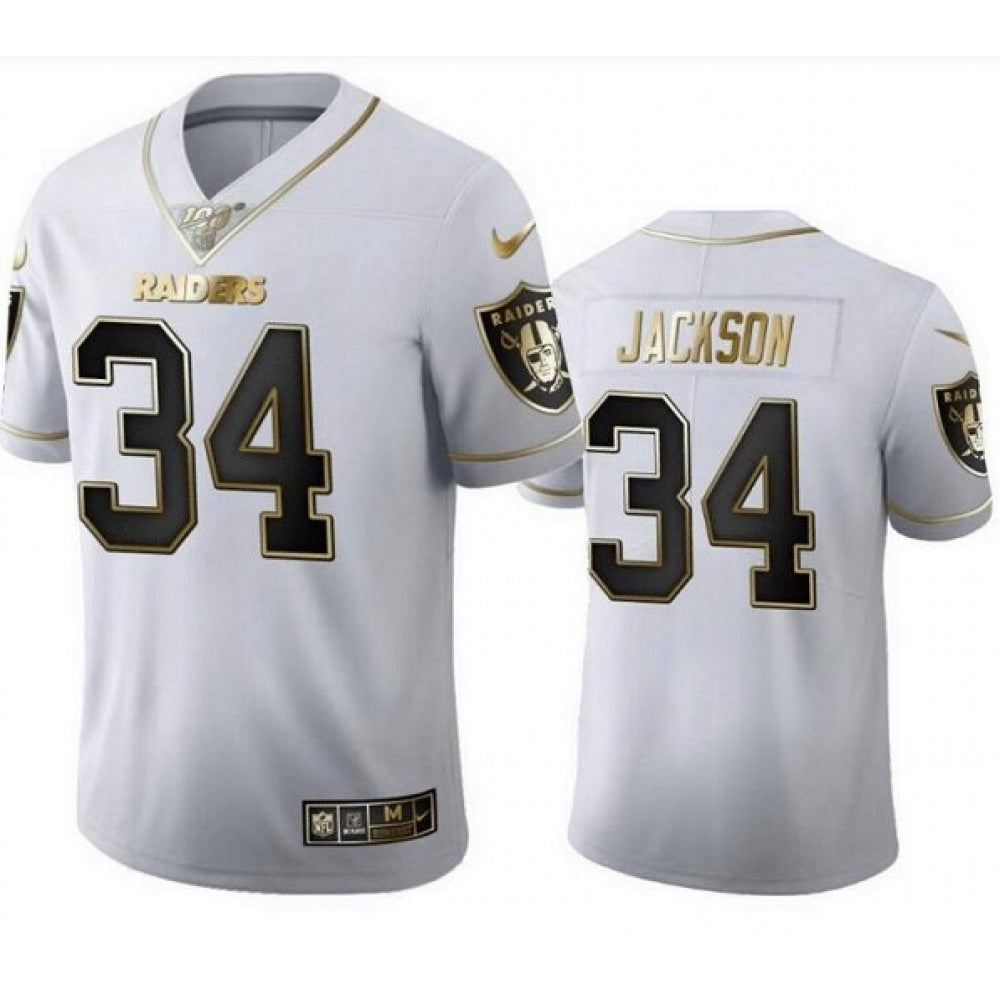 Men's Las Vegas Raiders #34 Bo Jackson White Golden Editon Limited Stitched Jersey 