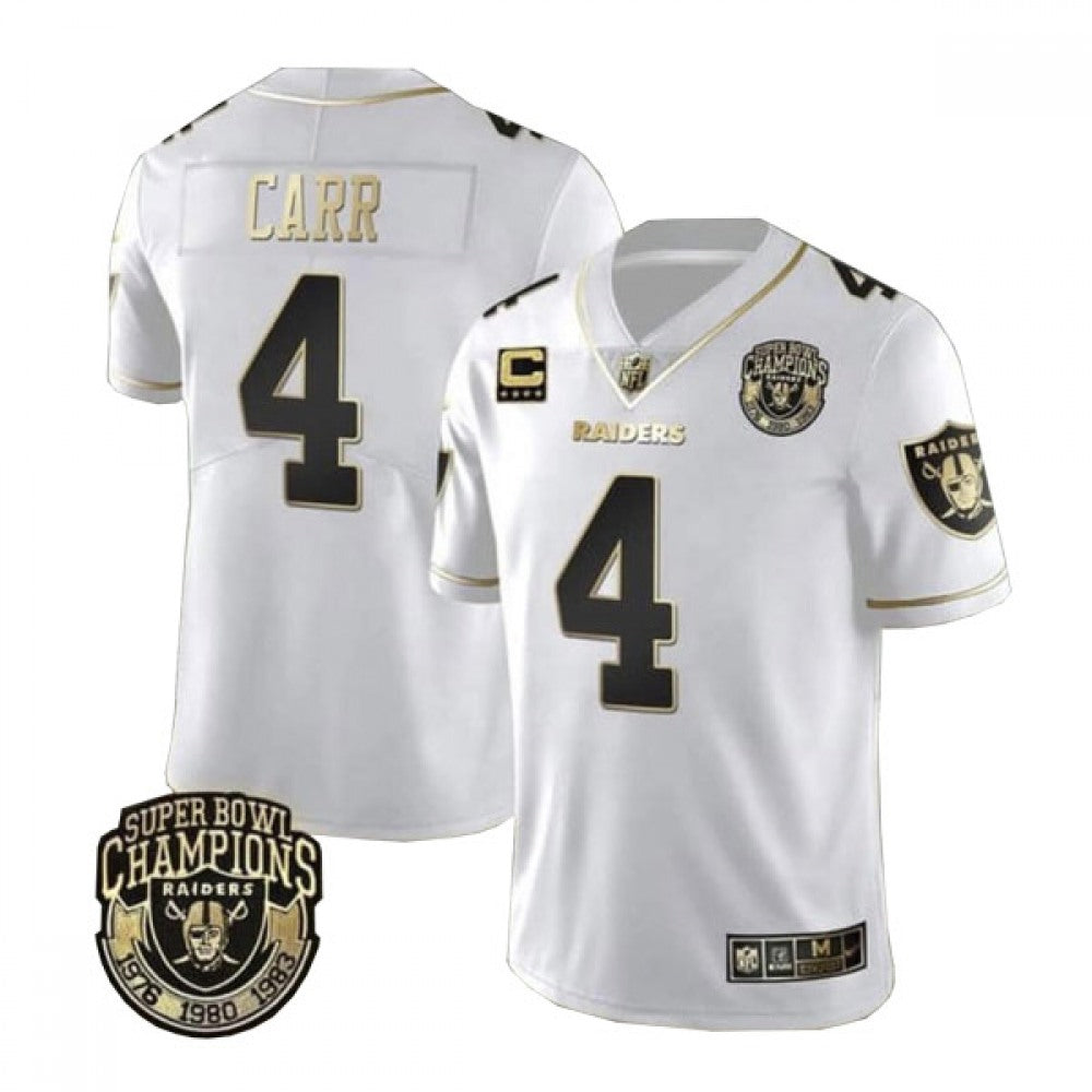 Men's Las Vegas Raiders #4 Derek Carr White Gold With Champions Patch & C Patch Limited Stitched Jersey 