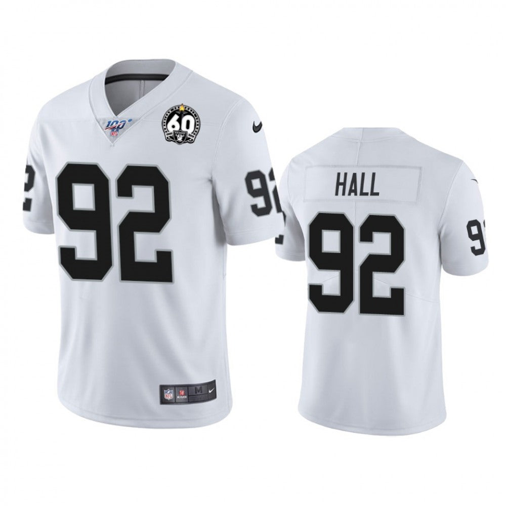 Men's Oakland Raiders #92 P.J. Hall White 100th Season with 60 Patch Vapor Limited Stitched NFL Jersey 