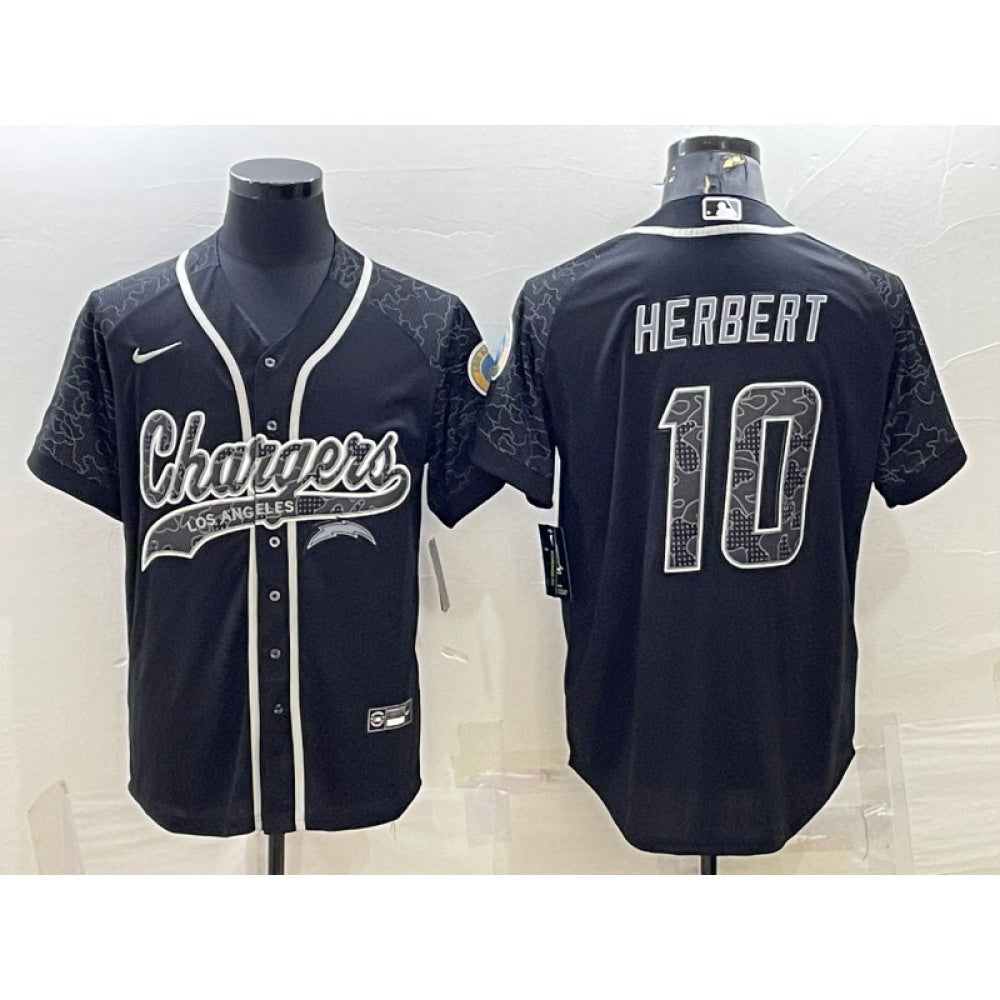 Men's Los Angeles Chargers #10 Justin Herbert Black Reflective With Patch Cool Base Stitched Baseball Jersey 