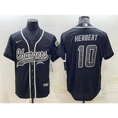 Men's Los Angeles Chargers #10 Justin Herbert Black Reflective With Patch Cool Base Stitched Baseball Jersey 