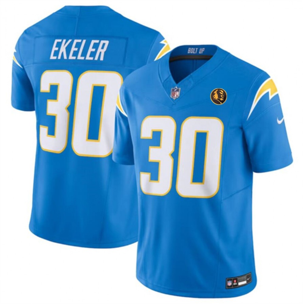Men's Los Angeles Chargers #30 Austin Ekeler Light Blue 2023 F.U.S.E. With John Madden Patch Vapor Limited Stitched Football Jersey 