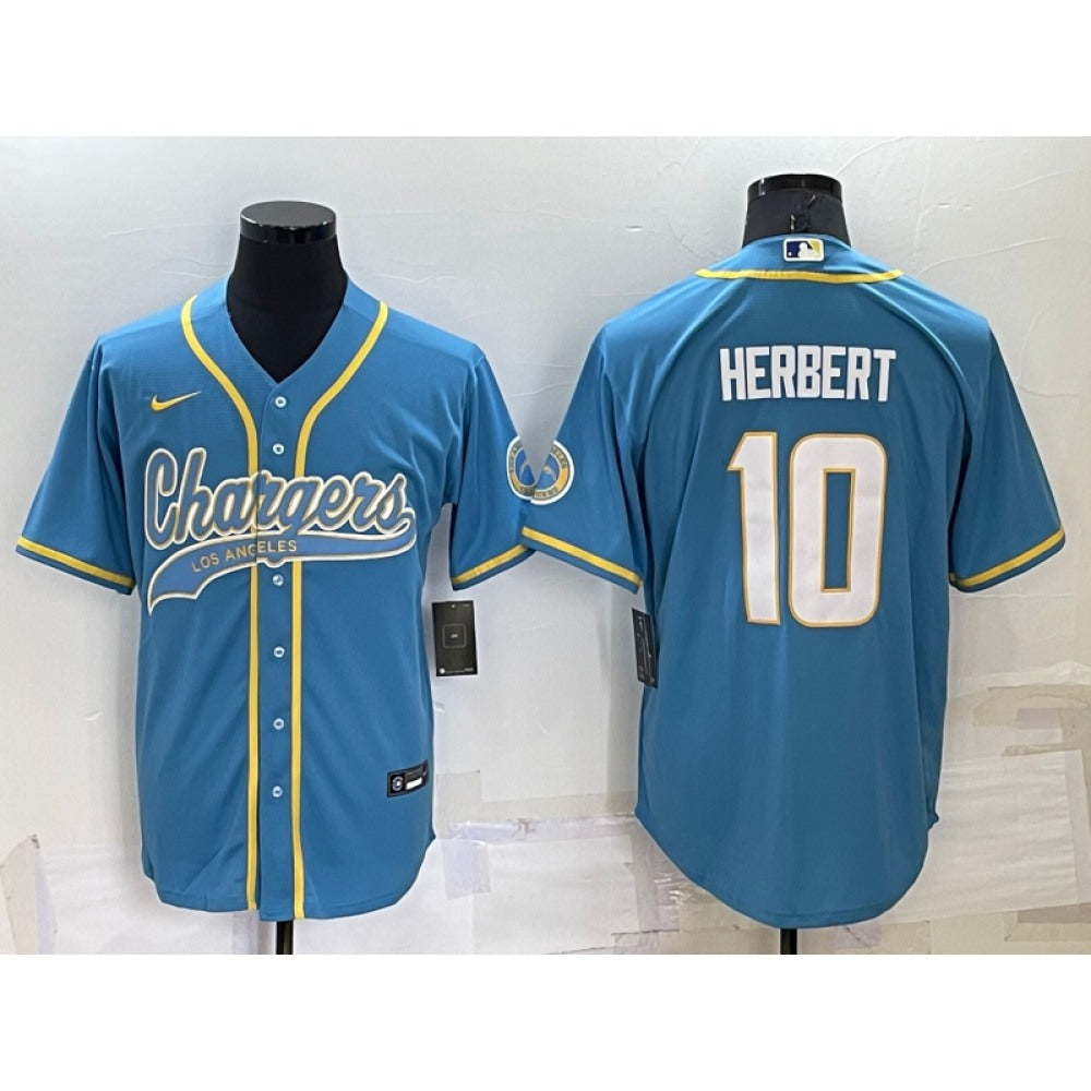 Men's Los Angeles Chargers #10 Justin Herbert Blue Cool Base Stitched Baseball Jersey 