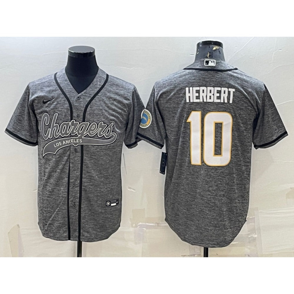 Men's Los Angeles Chargers #10 Justin Herbert Grey With Patch Cool Base Stitched Baseball Jersey 