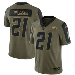 Men's Los Angeles Chargers #21 LaDainian Tomlinson 2021 Olive Salute To Service Limited Stitched Jersey 