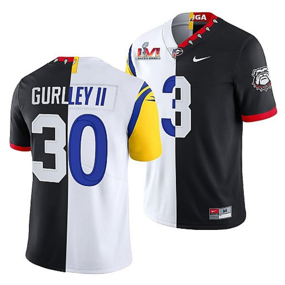 Men's Los Angeles Rams X Georgia Bulldogs #30 Todd Gurley II Black/White Split Super Bowl LVI Stitched Jersey 