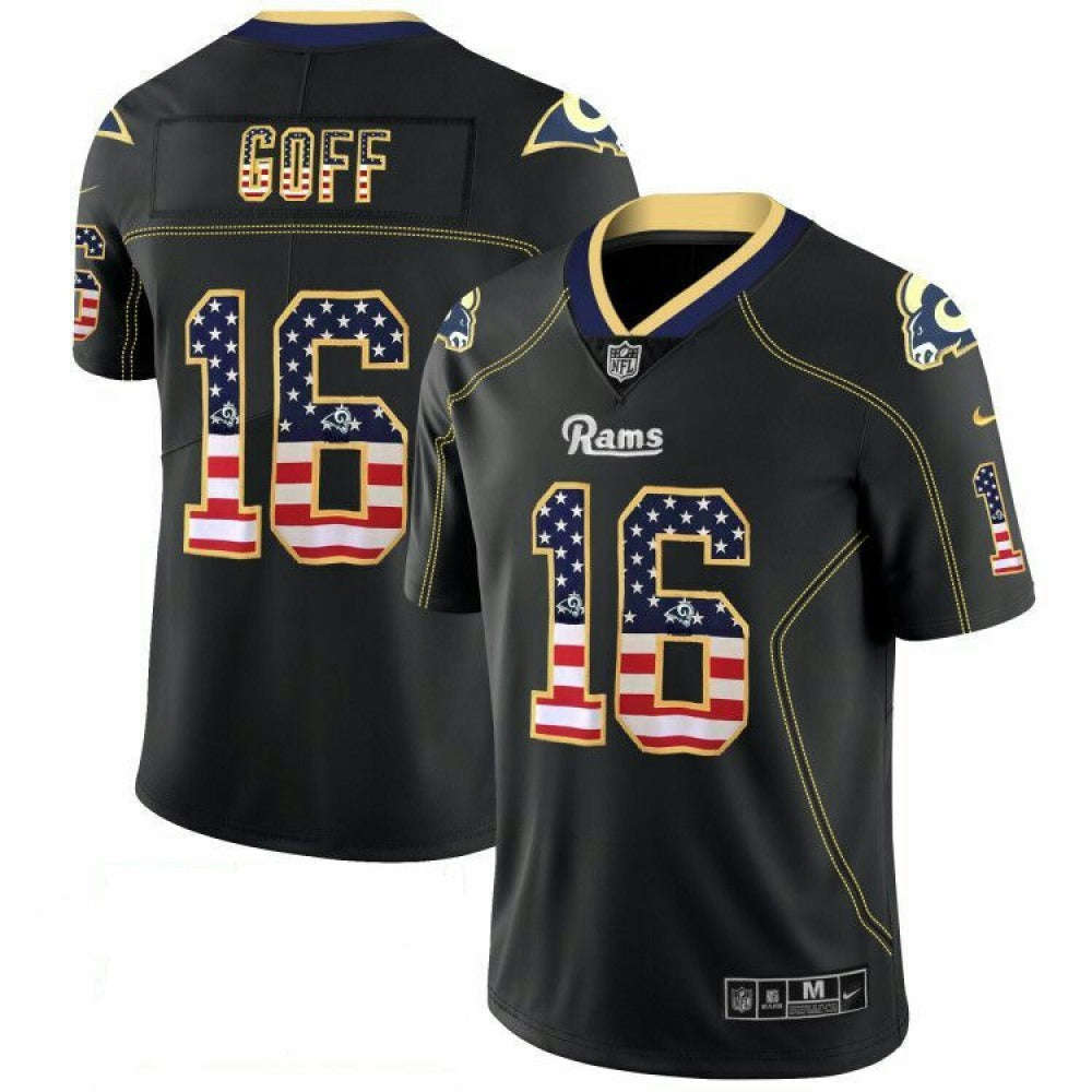 Men's Los Angeles Rams #16 Jared Goff 2018 Black USA Flag Color Rush Limited Fashion NFL Stitched Jersey 