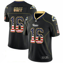 Men's Los Angeles Rams #16 Jared Goff 2018 Black USA Flag Color Rush Limited Fashion NFL Stitched Jersey 