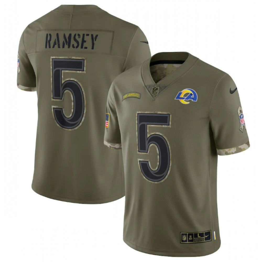 Men's Los Angeles Rams #5 Jalen Ramsey Olive 2022 Salute To Service Limited Stitched Jersey 