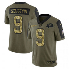 Men's Los Angeles Rams #9 Matthew Stafford 2021 Olive Camo Salute To Service Limited Stitched Jersey 