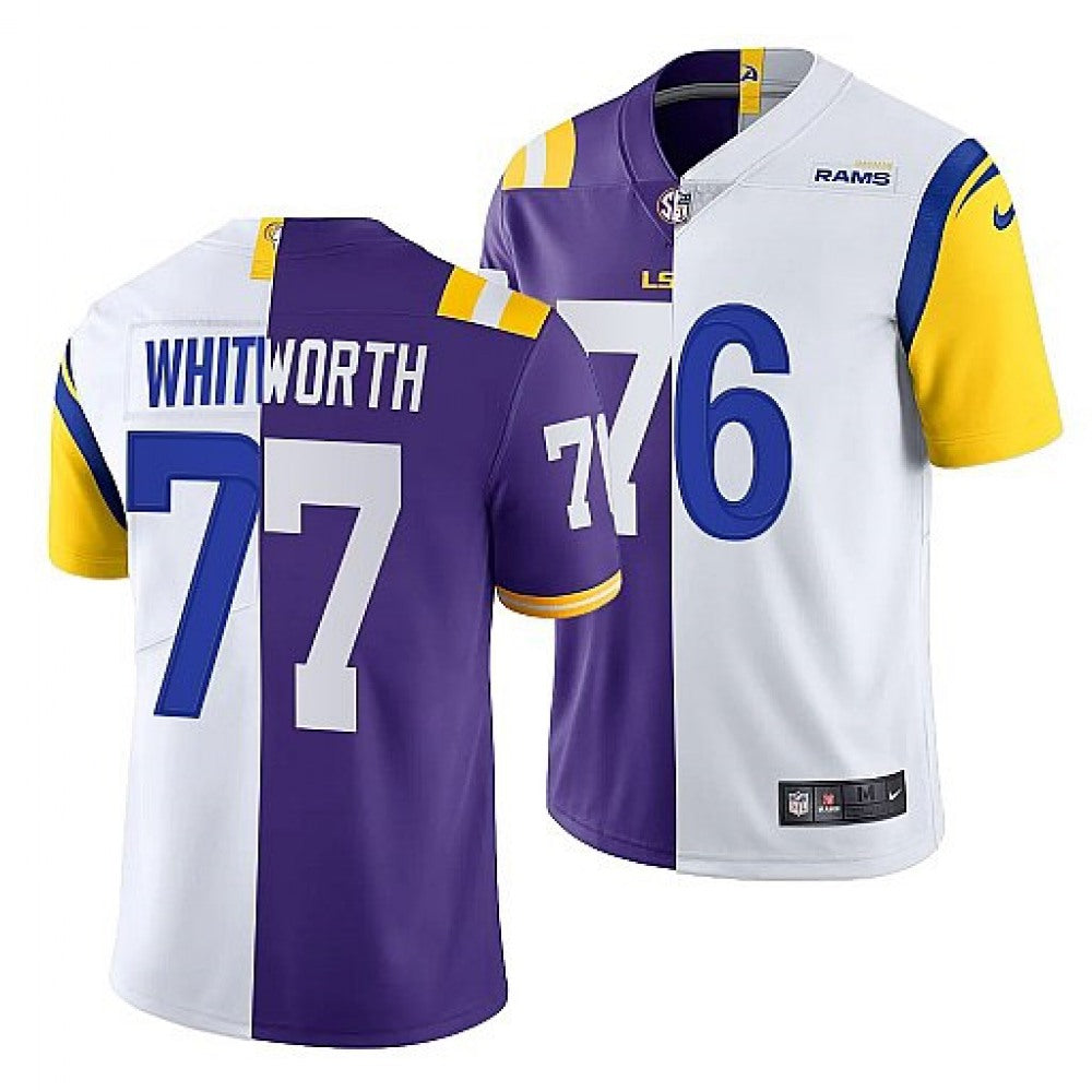 Men's Los Angeles Rams X LSU Tigers #77 Matthew Stafford Purple/White Split Stitched Jersey 