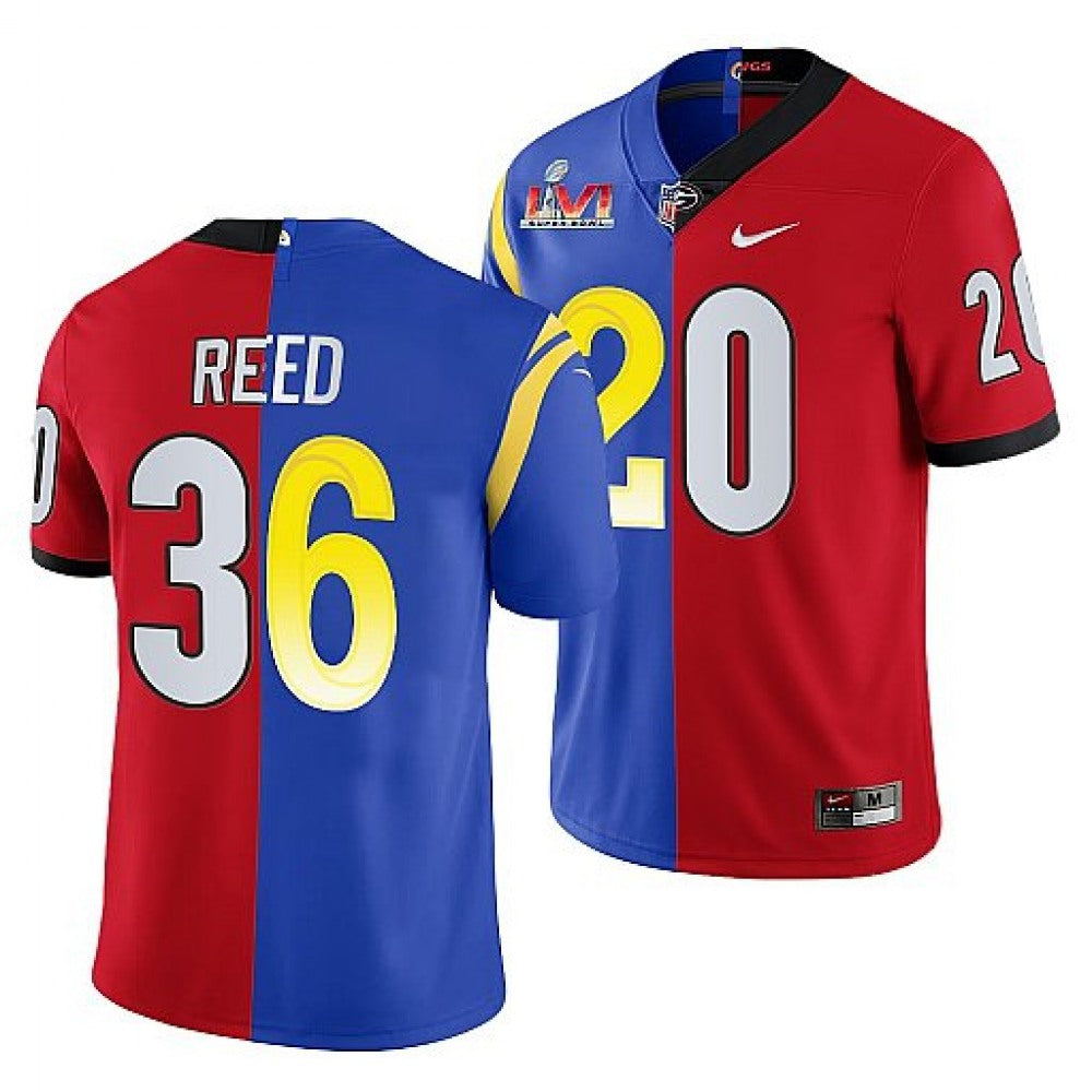 Men's Los Angeles Rams X Georgia Bulldogs #36 J.R. Reed Red/Royal Split Super Bowl LVI Stitched Jersey 